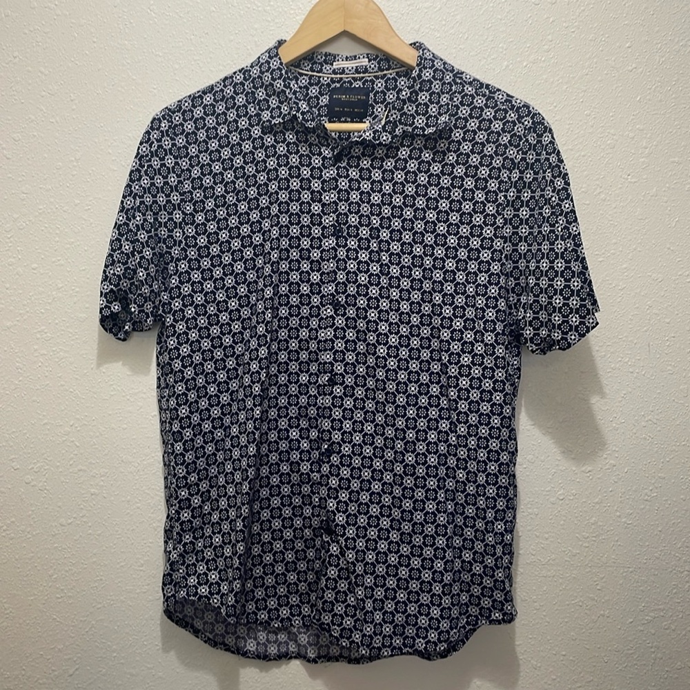 Denim & Flower Button Up Short Sleeve Shirt, Size M